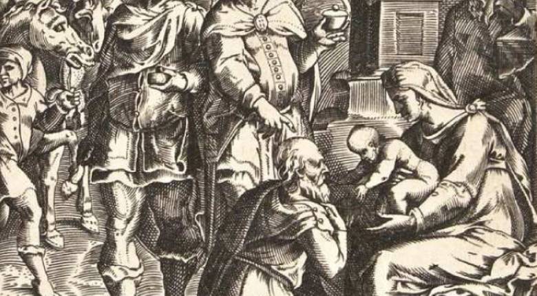 Poklonstvo Kraljeva, bakrorez Phillippea Thomassina prema Juliju Kloviću, kraj 16. - početak 17. stoljeća (detalj)